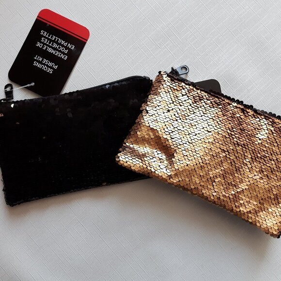 Small Flip Sequin Pouch LOT Pair 2 Gold and black - Picture 1 of 2
